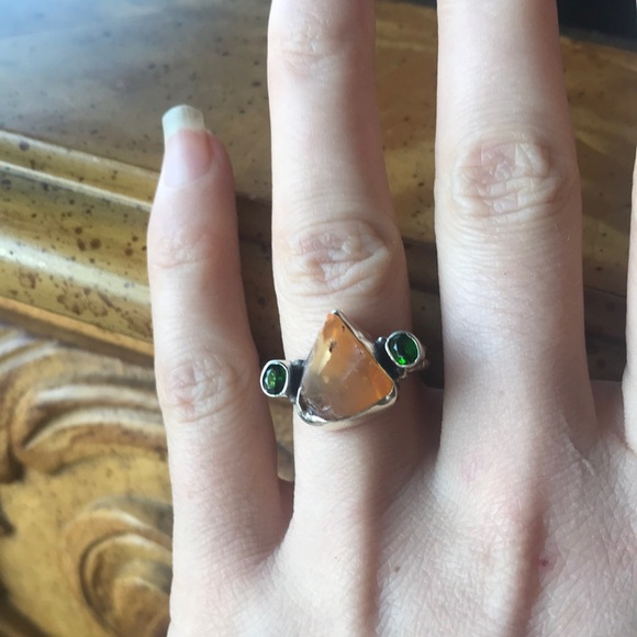 Natural Fire Opal Chrome Diopside Sterling Silver Ring - Picture 1 of 6